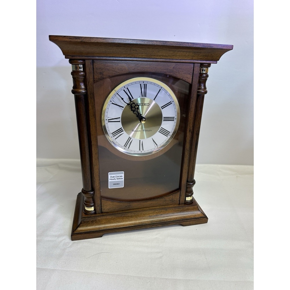 NIB: Seiko Baron Brown Wood Gold Mantel Pendulum Clock Dual Chimes QXQ034B
